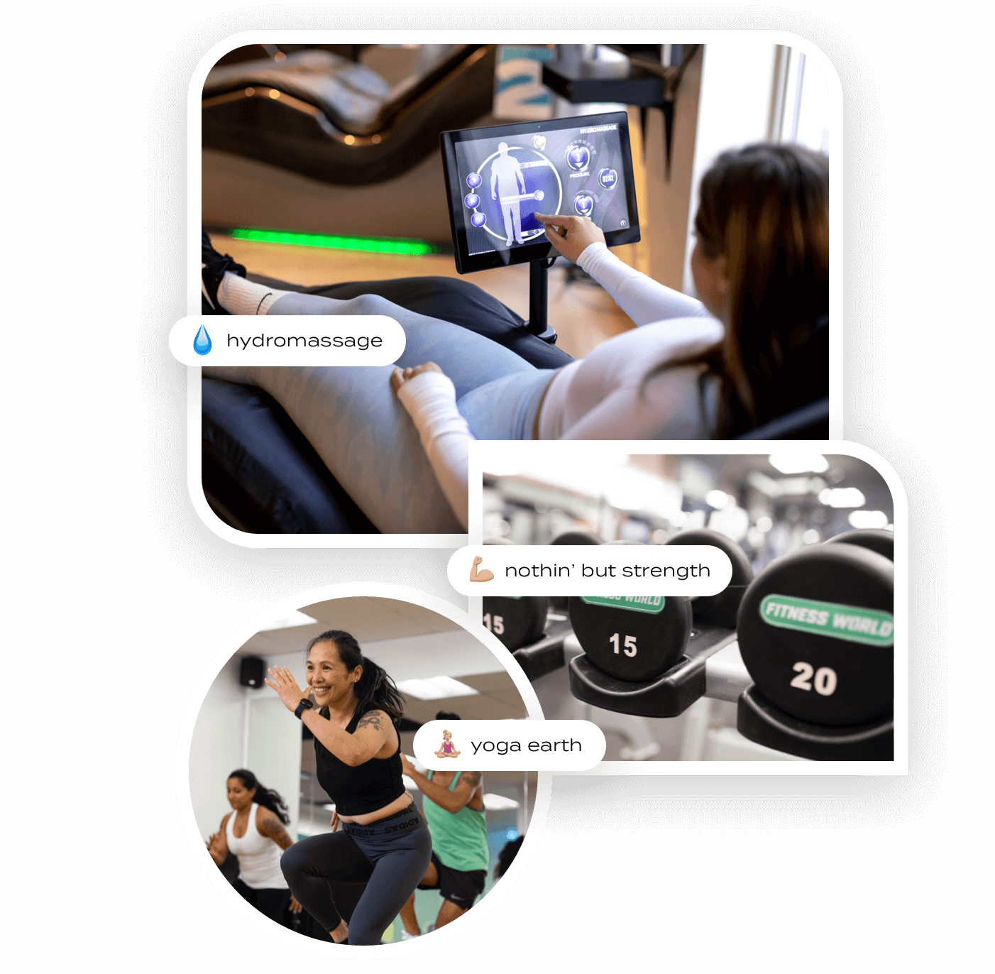 three images, massage chair, weights, and workout class
