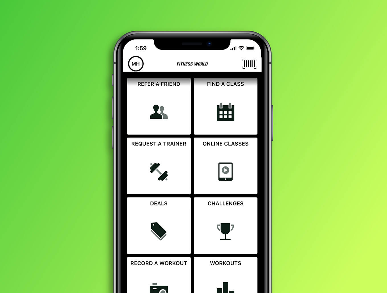 iphone showing fitness world app